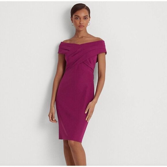 Lauren Ralph Lauren Ralph Lauren Crepe Off-the-Shoulder Cocktail Dress Plum 4 nw - Picture 1 of 9